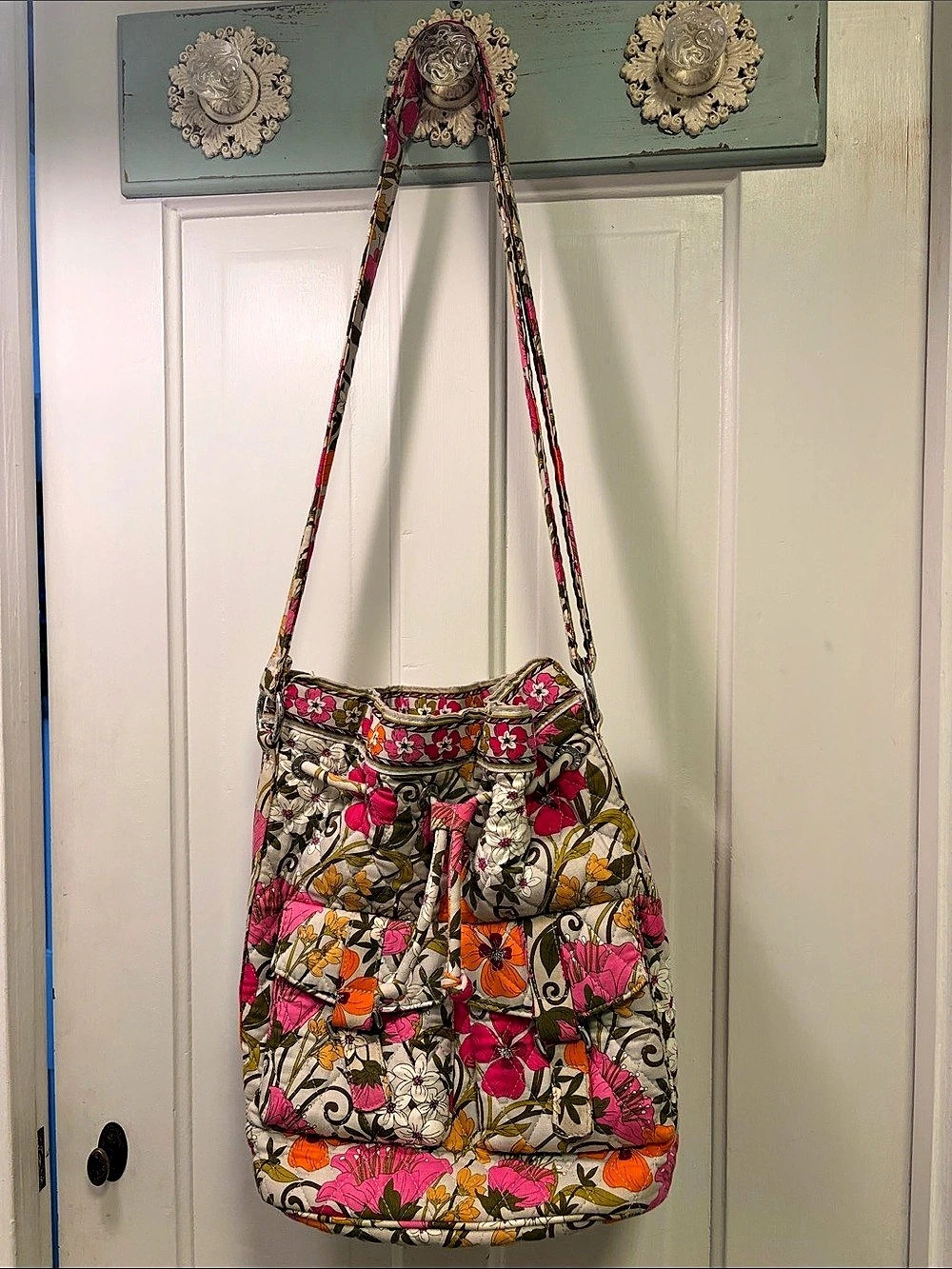 Vera Bradley Quick Draw Bucket Bag Floral Shoulder Bag Pink & Orange